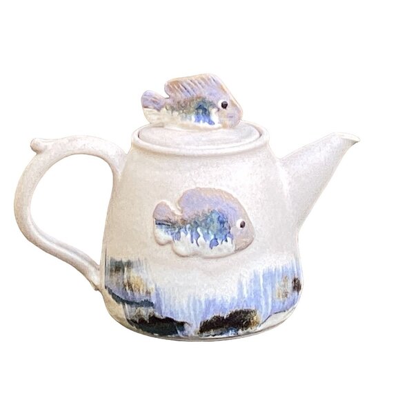 Art Pottery Teapot with Underwater Scene Fish Watercolor Effect Studio Signed - Picture 2 of 13
